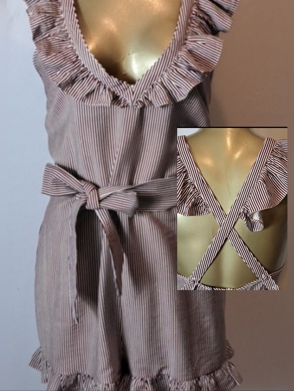 Fashion Union Burgundy & White Striped Ruffled Beach Romper